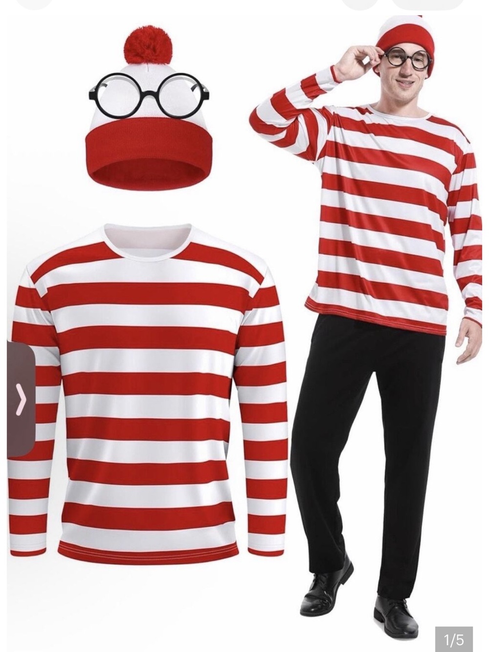 ⭐️ 5 for $25 ⭐️ Wheres Waldo Costume Mens Shirt Hat Glasses Set